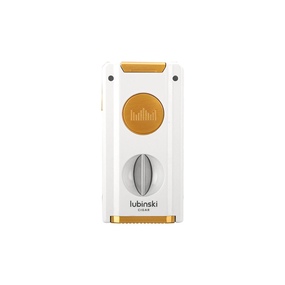 Briquet à gaz avec coupe-cigare en V intégré, coloris blanc, design élégant et multifonctionnel.