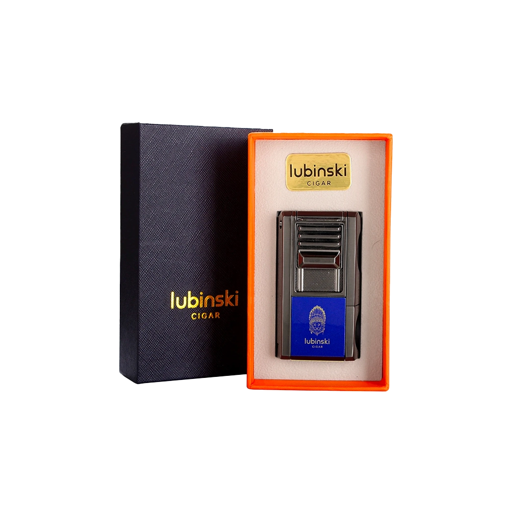 Briquet à gaz multifonction bleu avec coupe-cigare en V, plat et poinçon intégré.