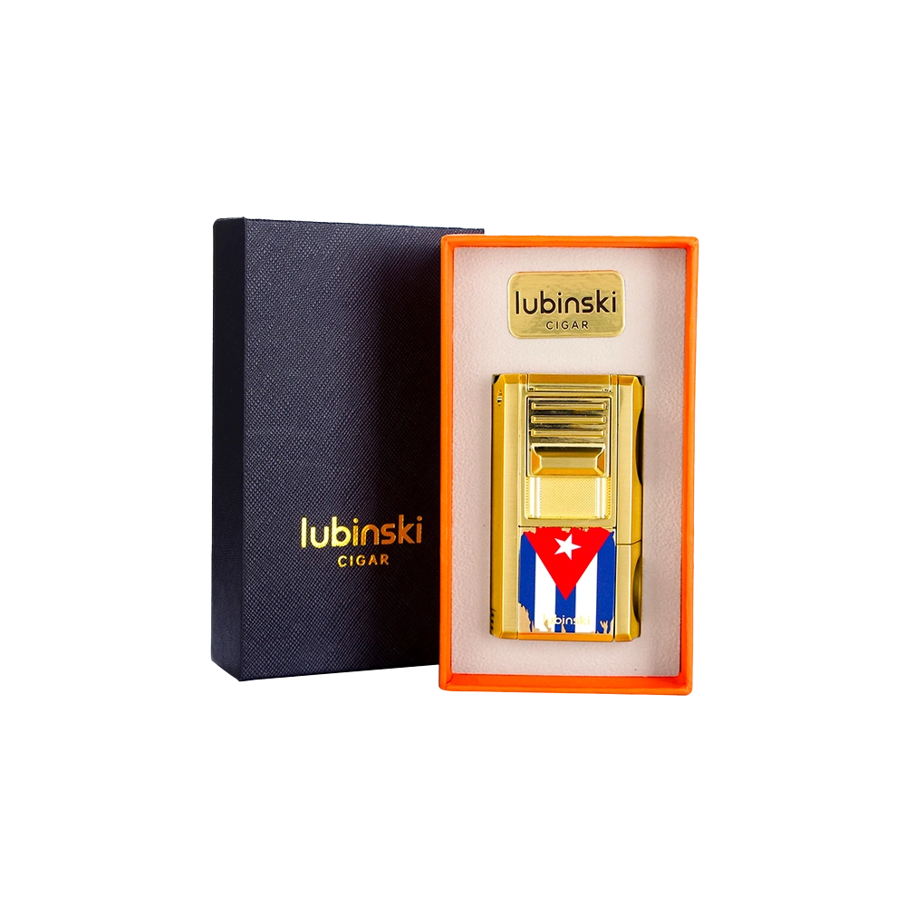 Briquet à gaz multifonction motifs Cuba beige avec coupe-cigare en V, plat et poinçon intégré.