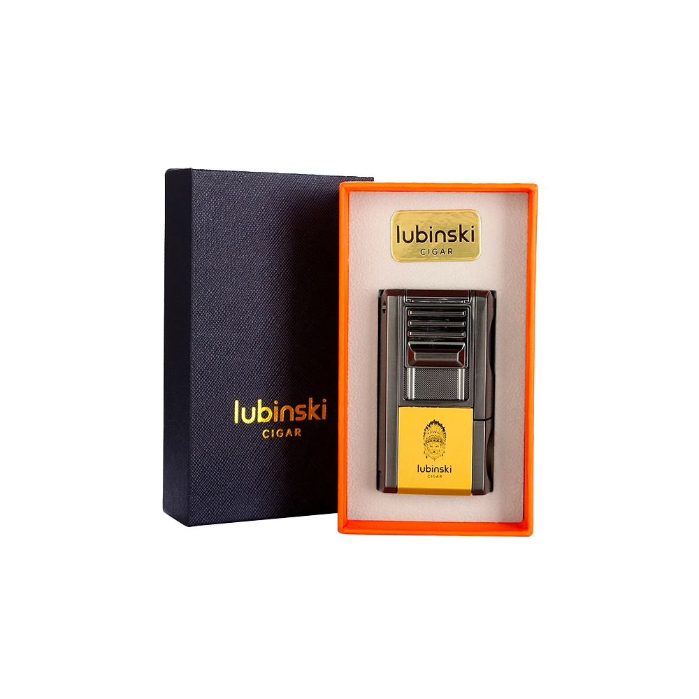 Briquet à gaz multifonction jaune avec coupe-cigare en V, plat et poinçon intégré.