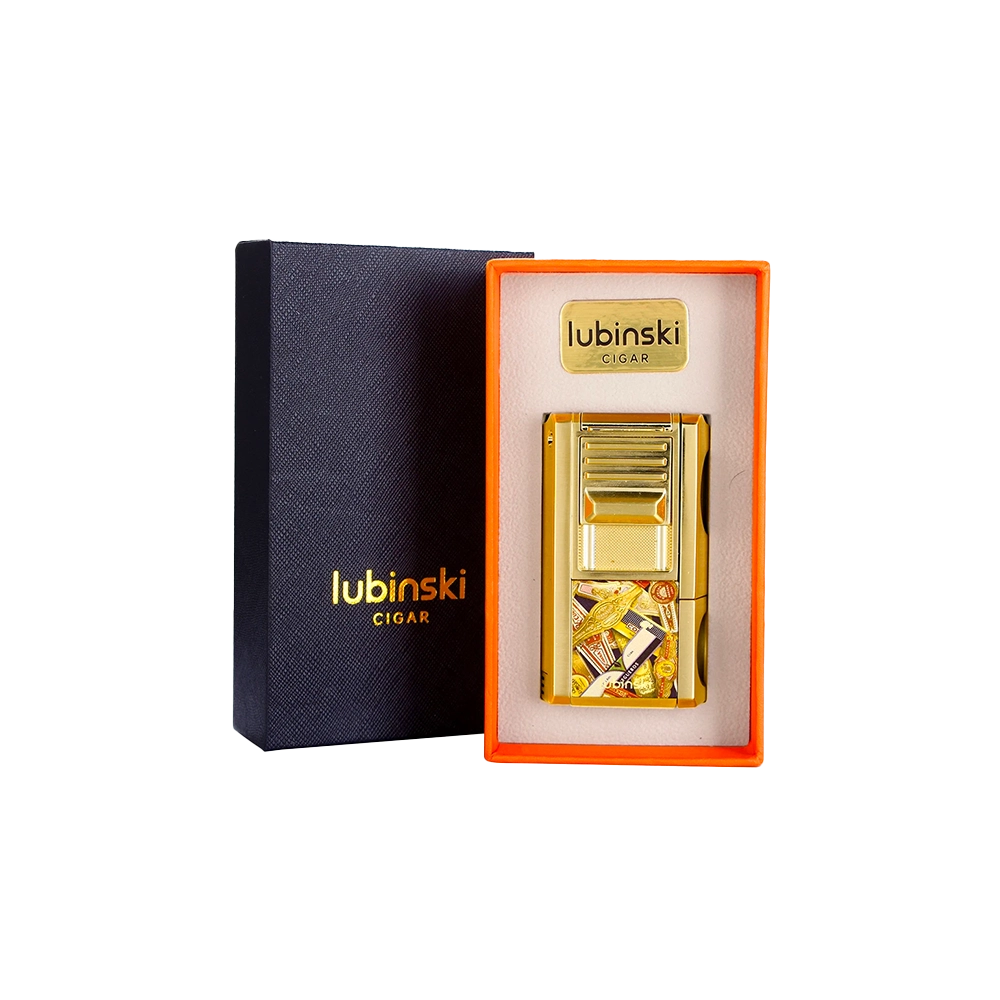 Briquet à gaz multifonction or avec coupe-cigare en V, plat et poinçon intégré.