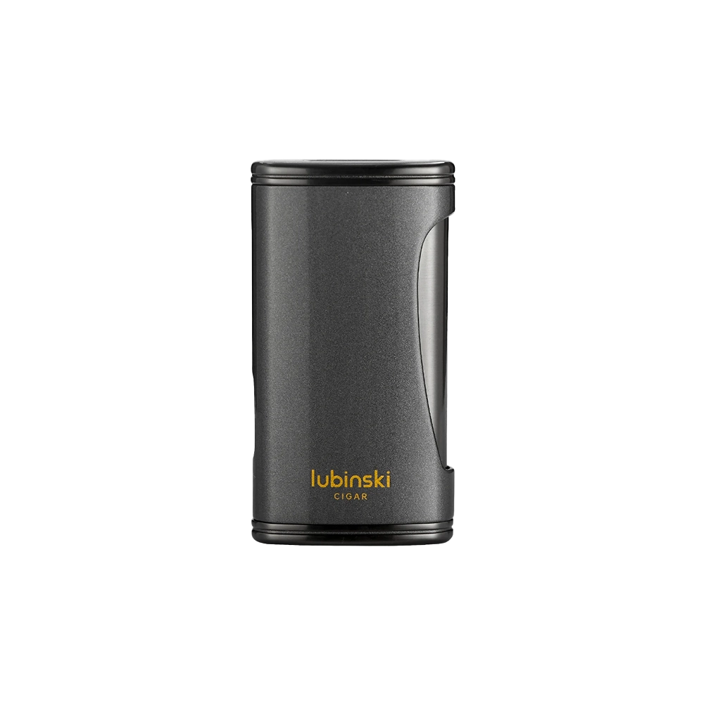 Briquet à gaz en alliance de zinc, coloris noir, au design moderne et robuste avec poinçon intégré.