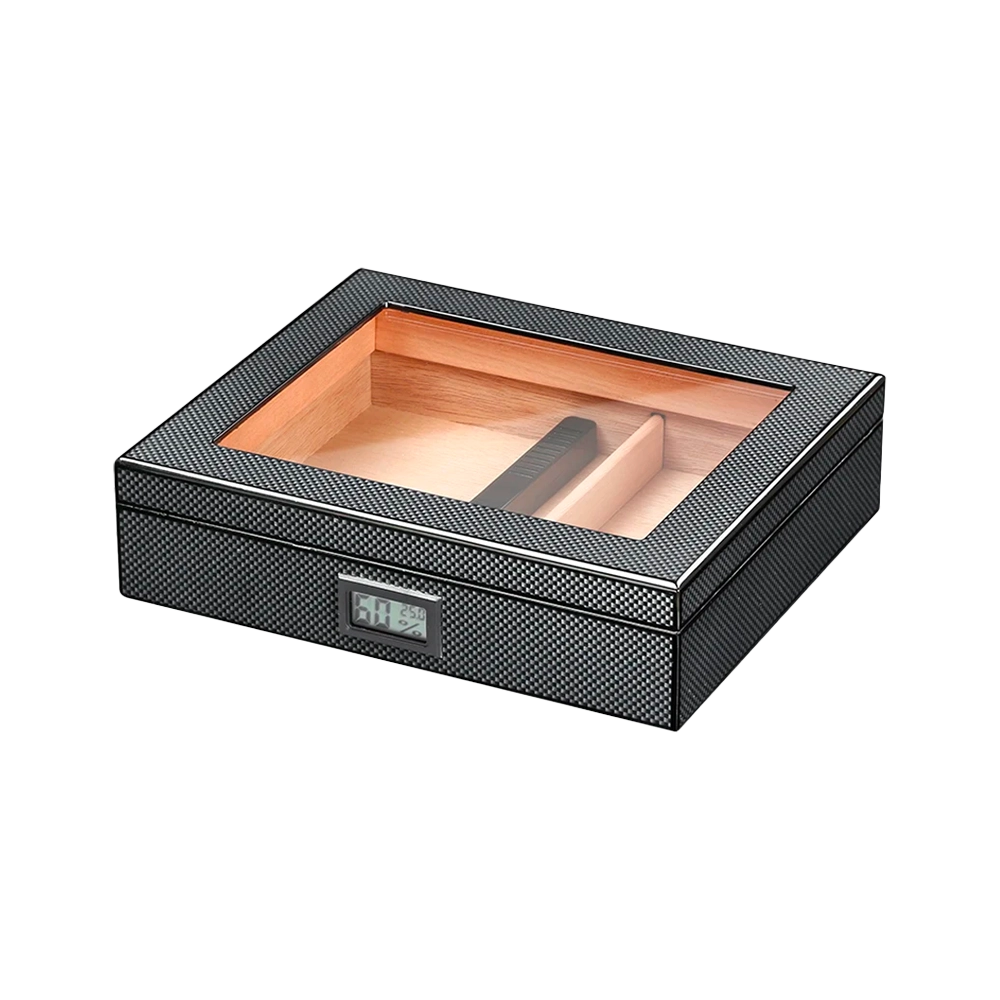 Cave à cigare / humidor compact carbone en bois de cèdre pour cigares, avec hygromètre et humidificateur pour une conservation optimale.