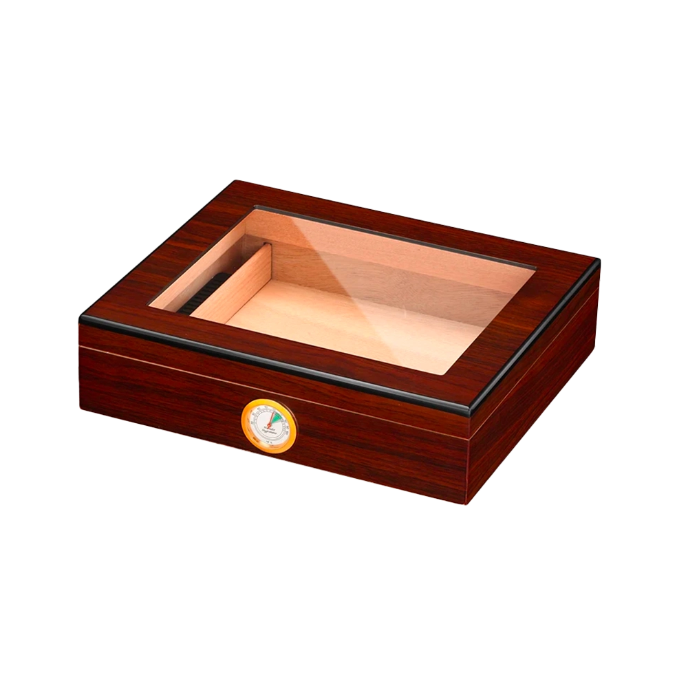 Cave à cigare / humidor compact marron en bois de cèdre pour cigares, avec hygromètre et humidificateur pour une conservation optimale.