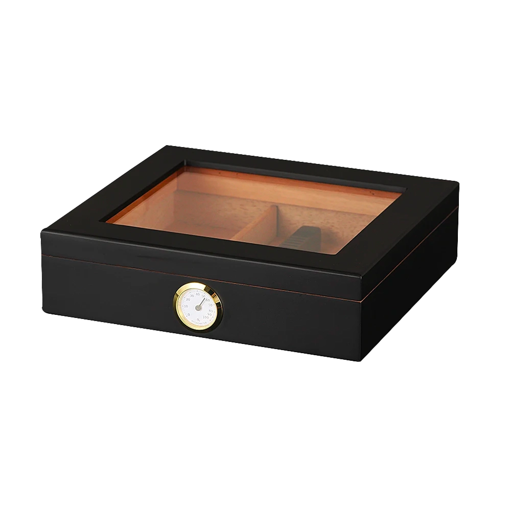 Cave à cigare / humidor compact noir en bois de cèdre pour cigares, avec hygromètre et humidificateur pour une conservation optimale.
