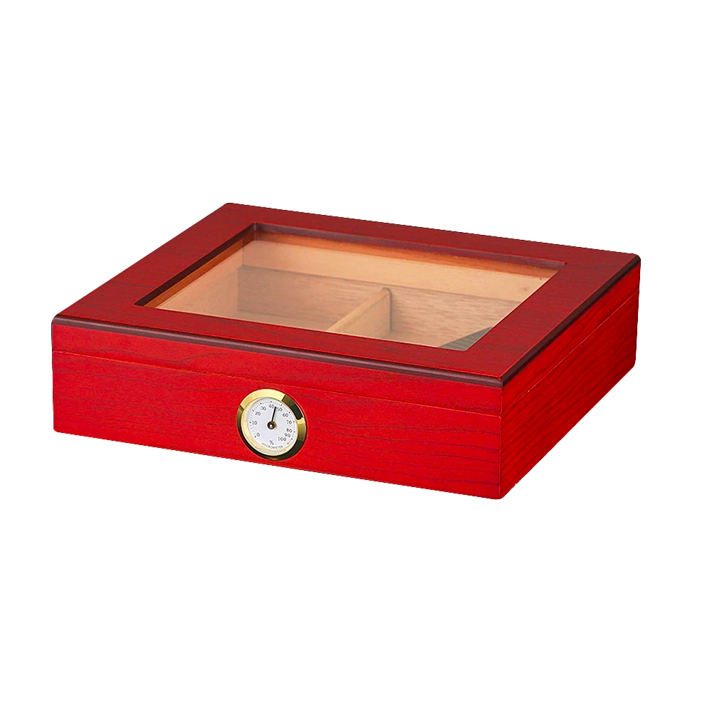 Cave à cigare / humidor compact rouge en bois de cèdre pour cigares, avec hygromètre et humidificateur pour une conservation optimale.