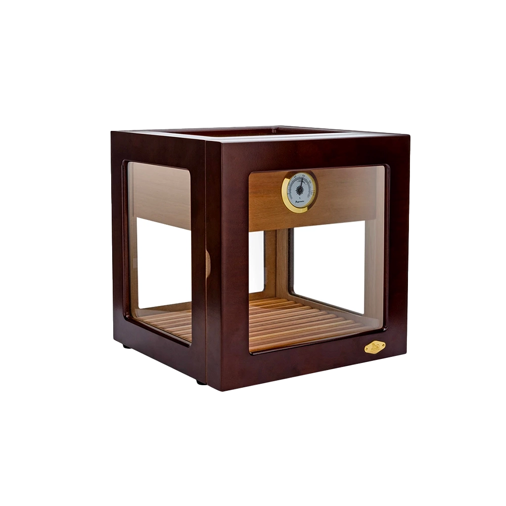 Boîte à cigares humidor fermée avec côtés en verre, conçue pour 50 cigares.