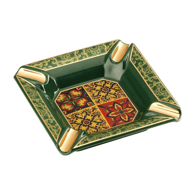 Cendrier en céramique motifs verts avec 4 emplacements pour cigare