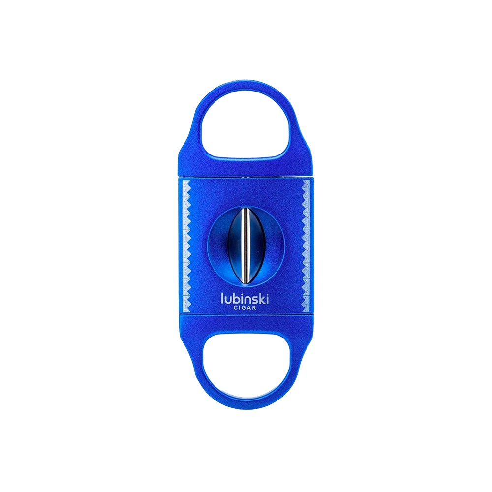 Coupe-cigare en V bleu en zinc alloy et acier inoxydable, conçu pour une coupe nette et une expérience de fumer optimale.