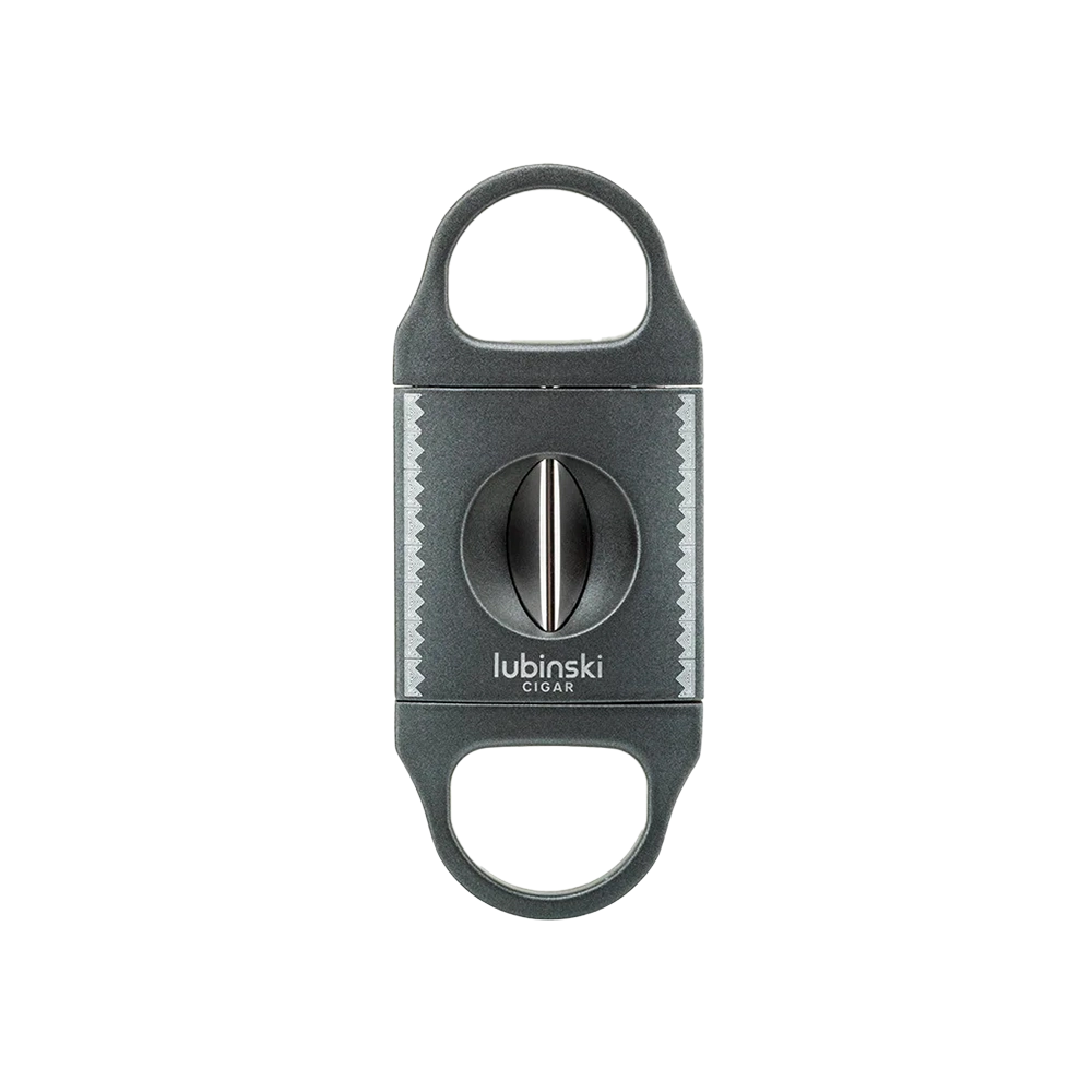 Coupe-cigare en V gris en zinc alloy et acier inoxydable, élégant et précis pour une coupe parfaite.
