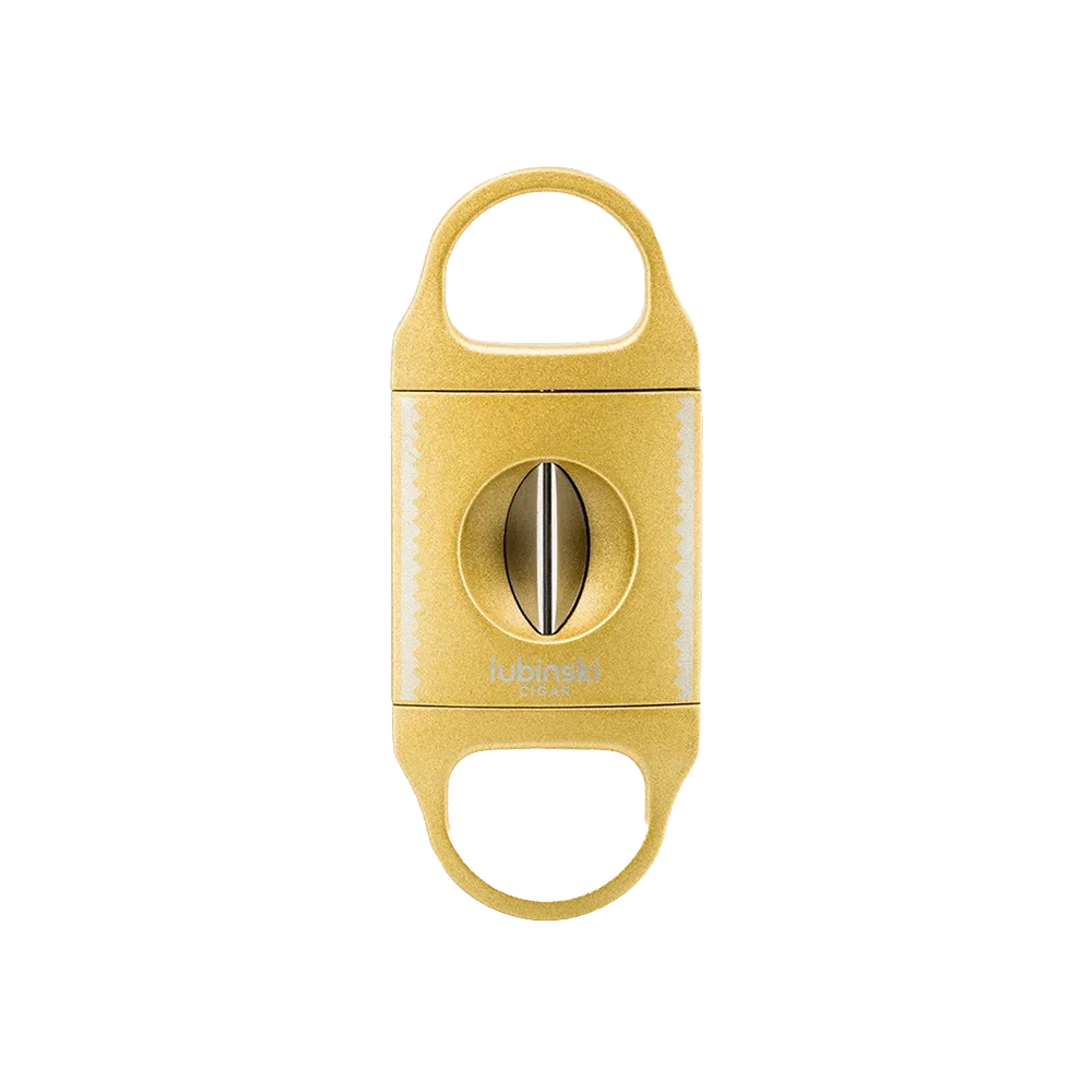 Coupe-cigare en V or en zinc alloy et acier inoxydable, alliant luxe, précision et durabilité.