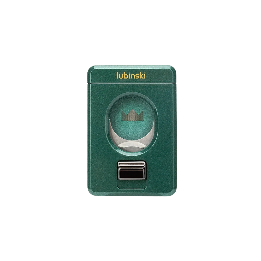 Coupe-cigare guillotine en métal, couleur verte, design classique et pratique.