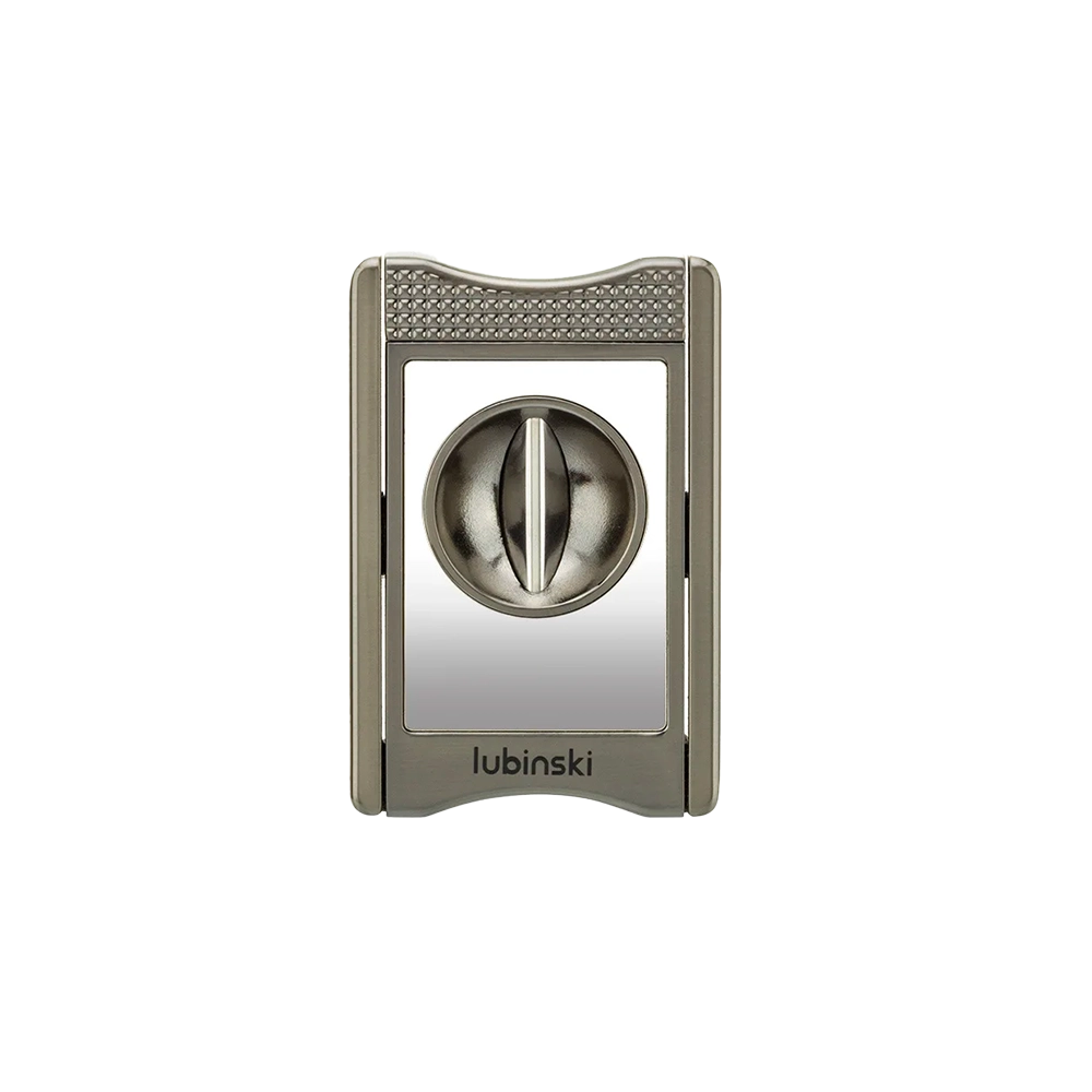Coupe-cigare en V multifonction en zinc et acier inoxydable, coloris gris, avec support intégré.