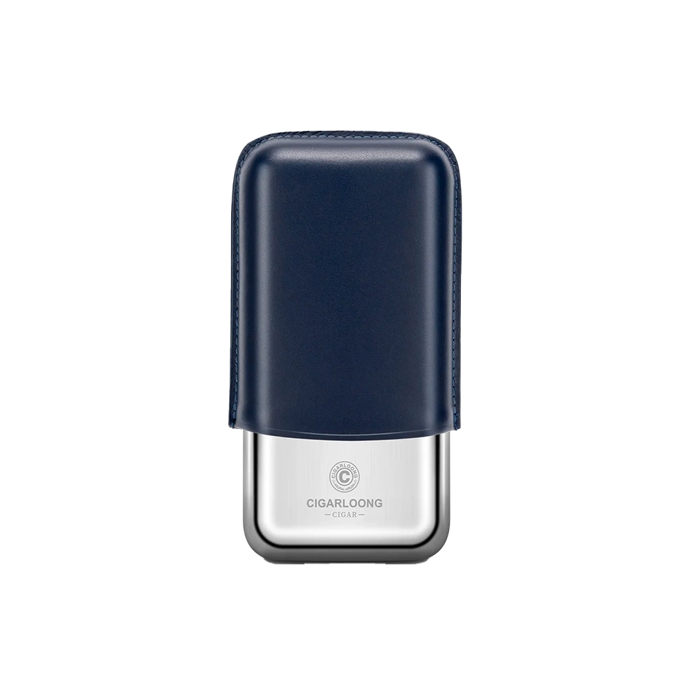 Étui à 3 cigares en cuir de vache et métal, couleur bleue.