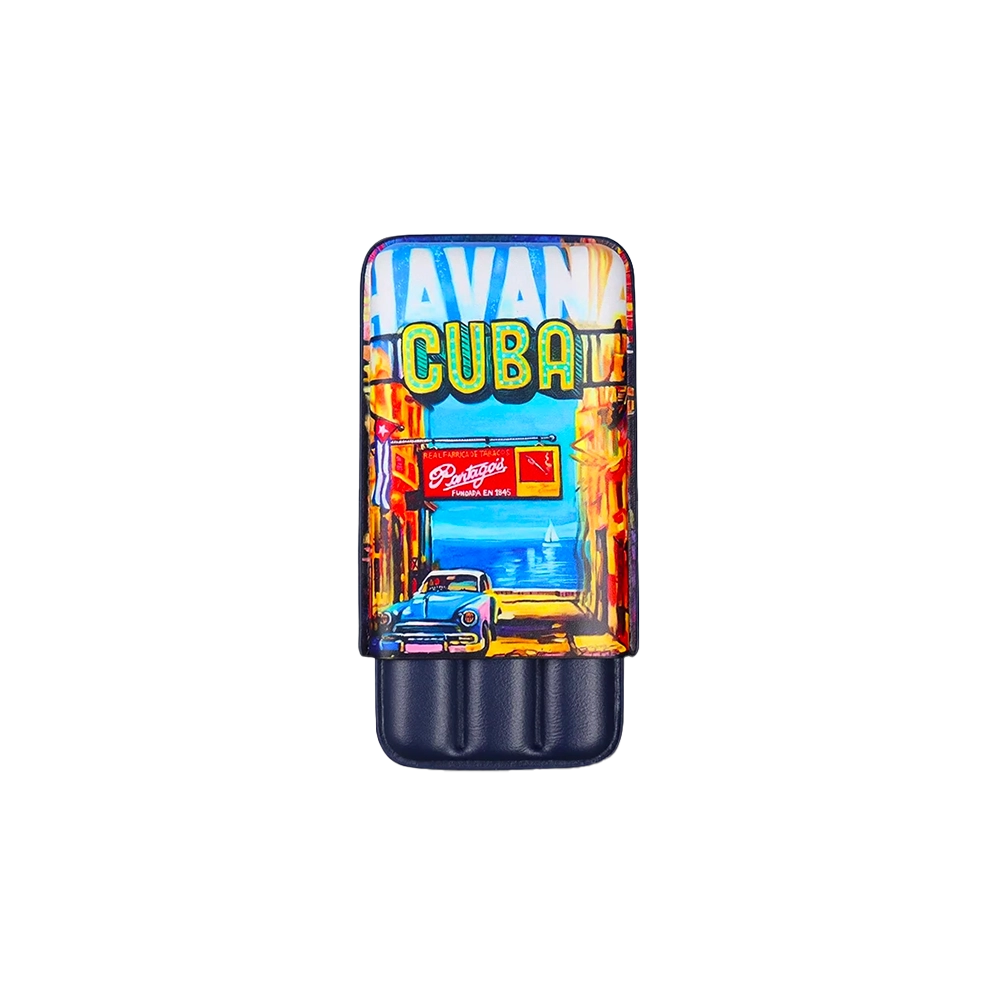 Étui 3 cigares en cuir de vache avec motif "Cuba Cigar Chic" en bleu, élégant et stylé.
