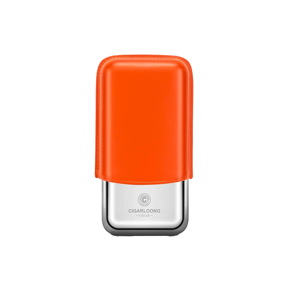 Étui à 3 cigares en cuir de vache et métal, couleur orange.