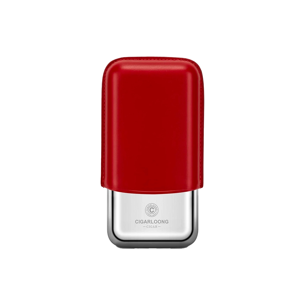 Étui à 3 cigares en cuir de vache et métal, couleur rouge.