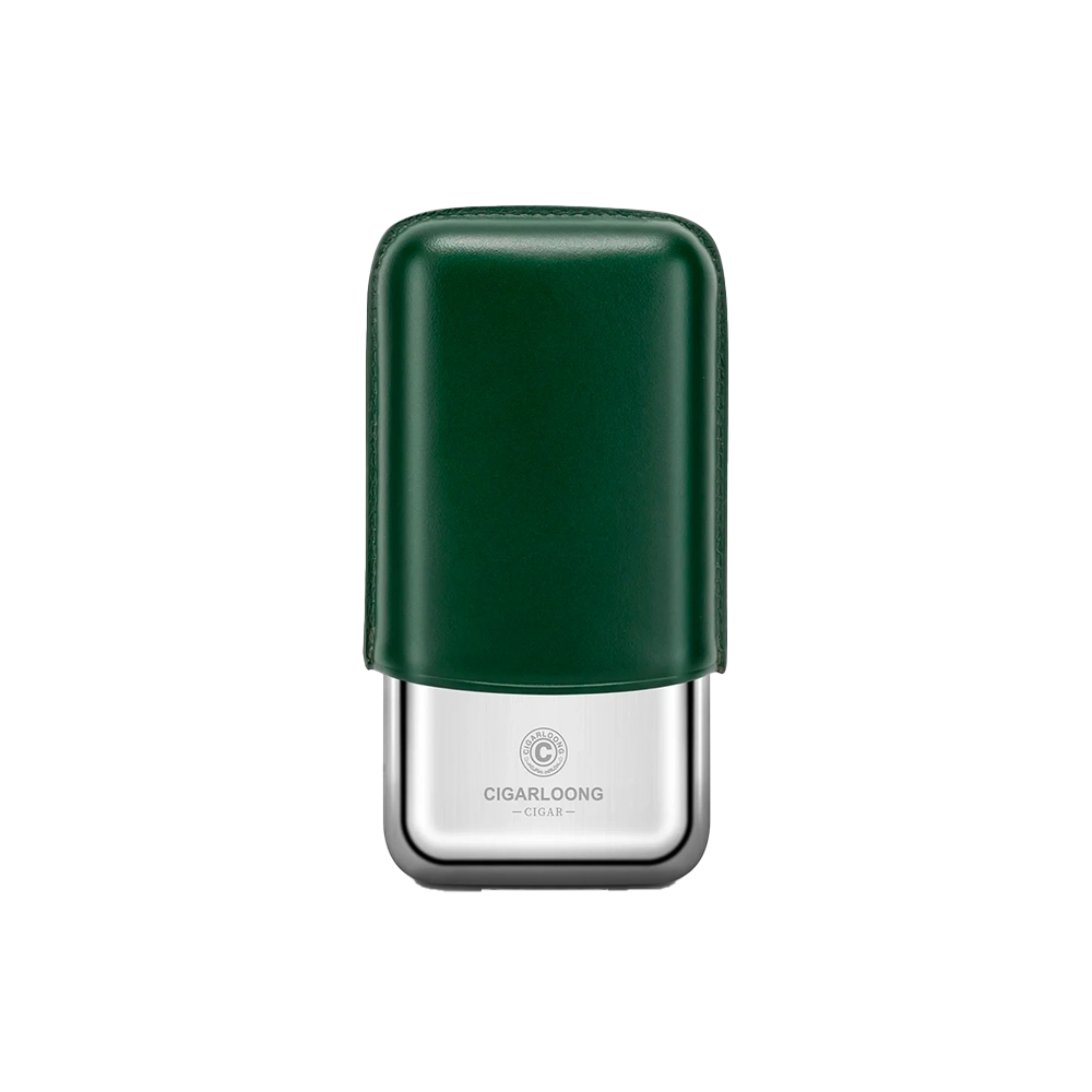 Étui à 3 cigares en cuir de vache et métal, couleur verte.