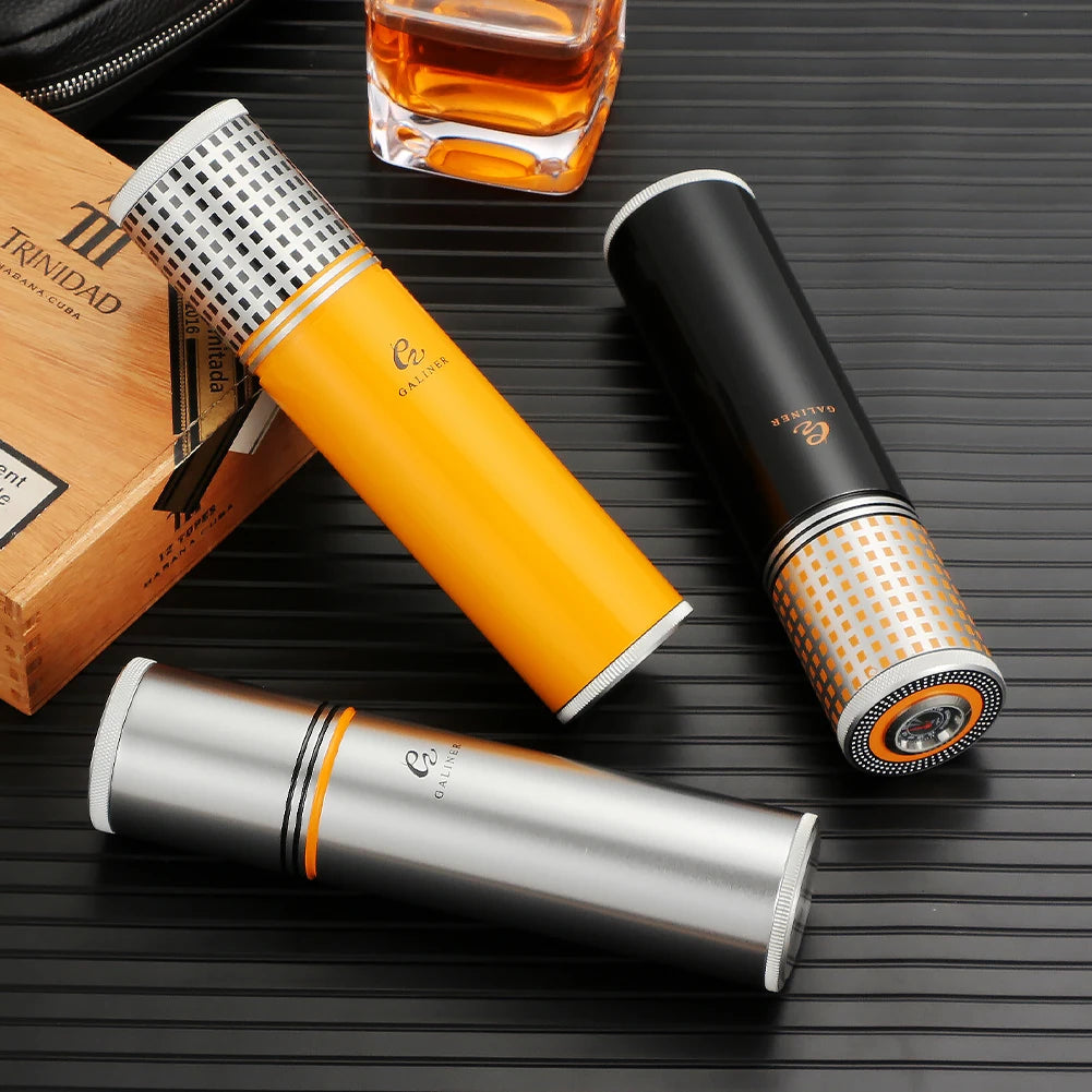 Les trois coloris de la jarre à cigares de voyage : noir, argent et jaune, pour un choix élégant et pratique.