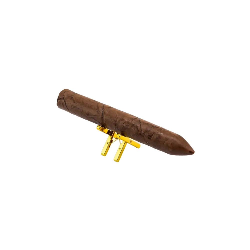 Porte-cigare pliant en alliage de zinc, ouvert avec un cigare, pour une présentation élégante et pratique.