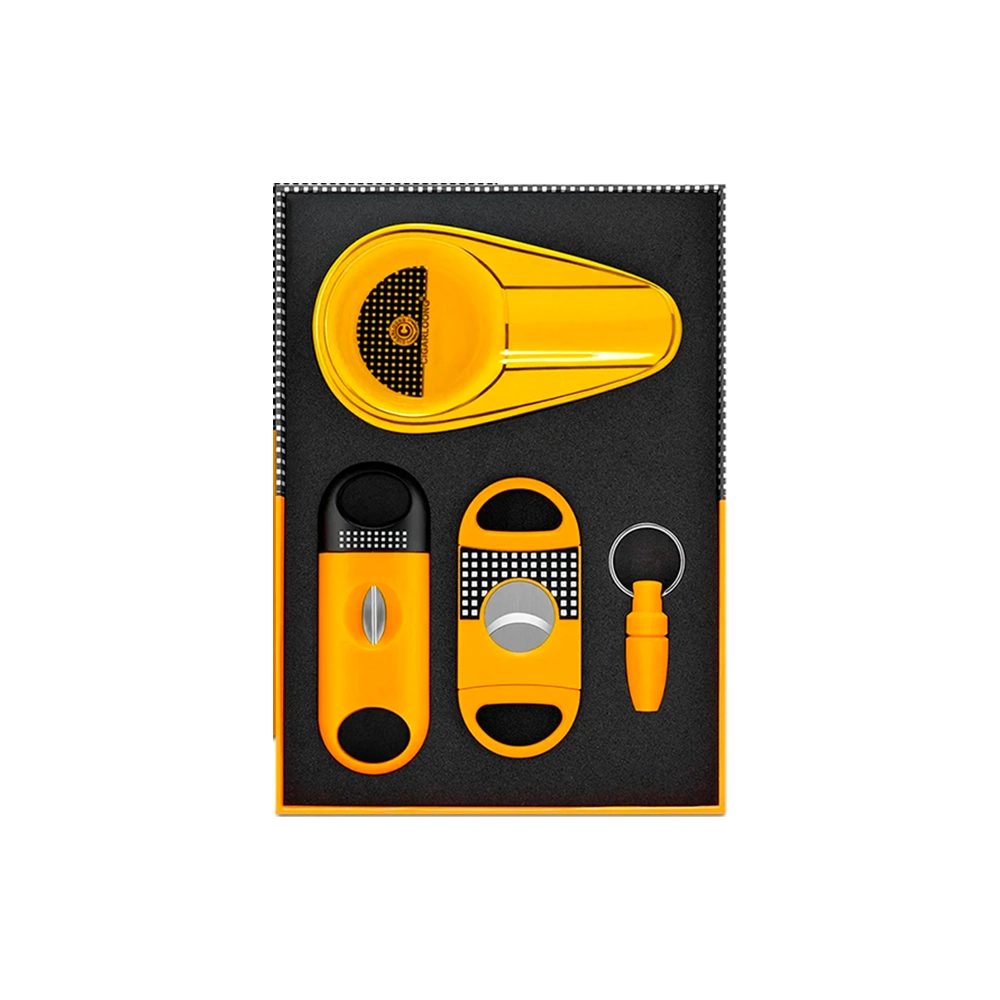 Set de coupe-cigares 4 pièces en acier inoxydable jaune, avec outils V-Cut, cutter plat, poinçon et cendrier, parfait pour les connaisseurs de cigares.