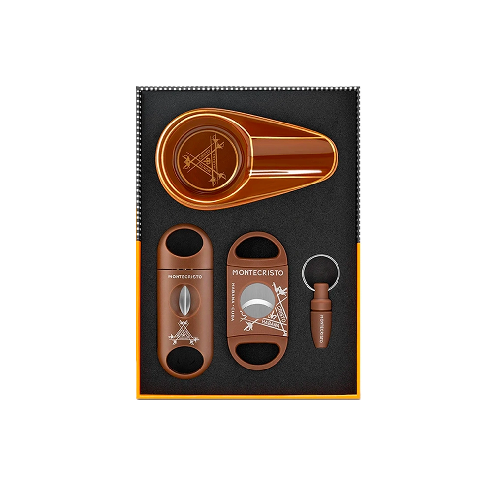 Set de coupe-cigares 4 pièces en acier inoxydable marron, incluant un V-Cut, cutter plat, poinçon et cendrier, un choix raffiné pour les fumeurs de cigares.