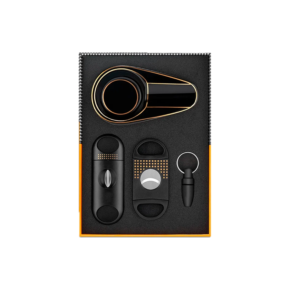Set de coupe-cigares 4 pièces en acier inoxydable noir, comprenant V-Cut, cutter plat, poinçon et cendrier, idéal pour les amateurs de cigares.