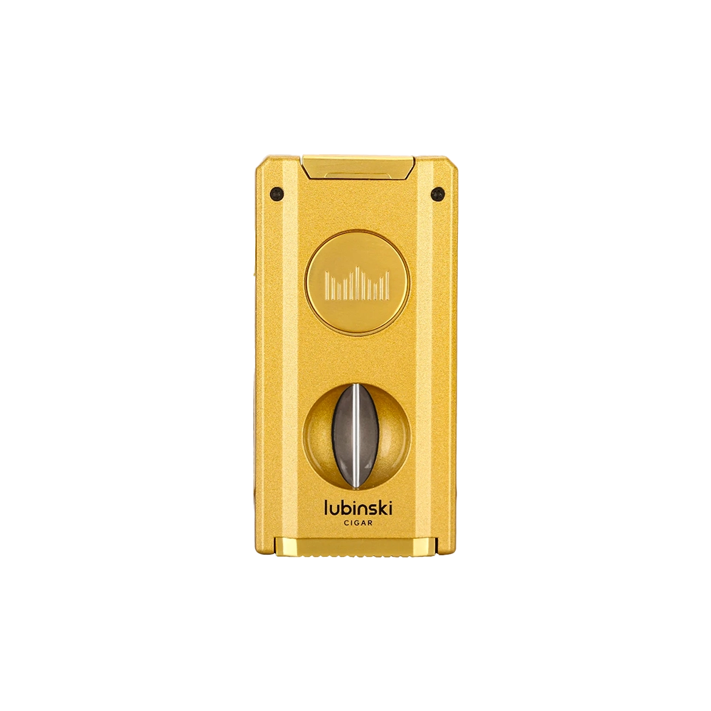 Briquet à gaz avec coupe-cigare en V intégré, coloris or, alliant élégance et praticité.