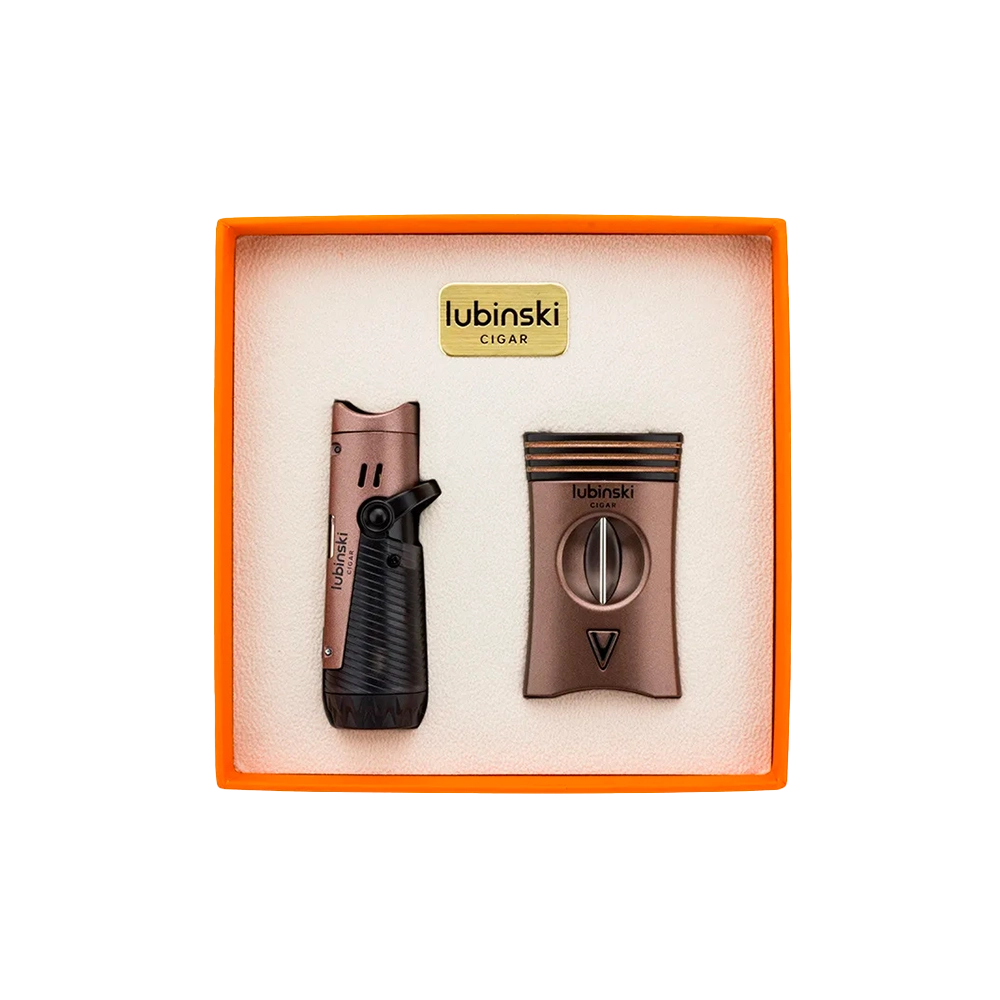 Coffret luxe avec briquet et coupe-cigare en stainless steel de couleur marron, pour les amateurs de cigares élégants.